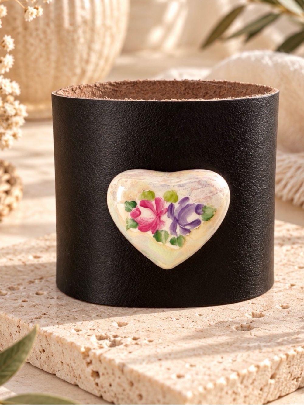 Genuine Leather Wide Cuff Bracelet Hand Painted Floral Ceramic Heart Boho OOAK